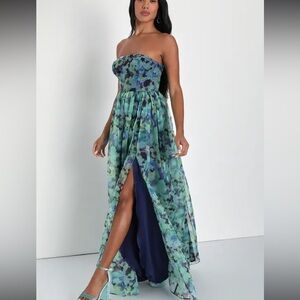 Lulus Wonderful Waltz Green Floral Print Strapless Bustier Maxi Dress NWOT XL
